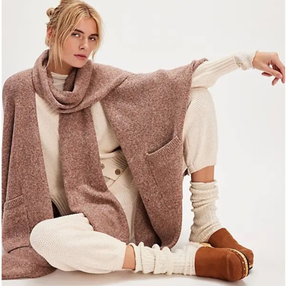 Free People Ellie Scarf Sweater Wrap Kimono Duster in Rust | OS NWT
